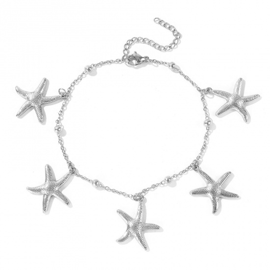Picture of Wholesale Starfish 304 Stainless Steel Station Anklet, Silver Tone Women's Ocean Jewelry Stylish Gift Jewelry Supply, 21cm(8.3") + 5cm(2") long, 1 Piece