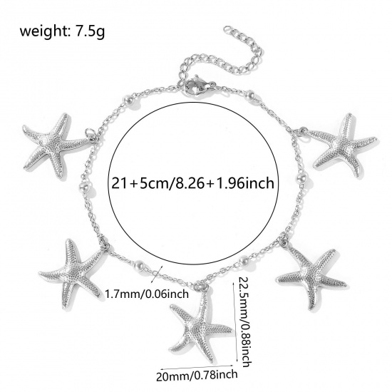 Picture of Wholesale Starfish 304 Stainless Steel Station Anklet, Silver Tone Women's Ocean Jewelry Stylish Gift Jewelry Supply, 21cm(8.3") + 5cm(2") long, 1 Piece