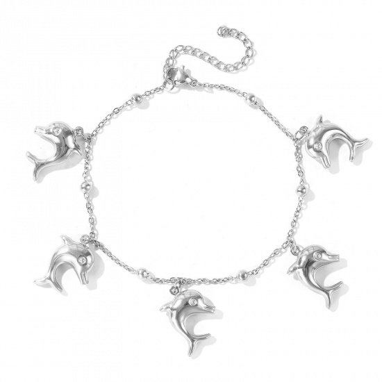 Picture of Wholesale Dolphin Animal 304 Stainless Steel Station Anklet, Silver Tone Women's Ocean Jewelry Stylish Gift Jewelry Supply, 21cm(8.3") + 5cm(2") long, 1 Piece