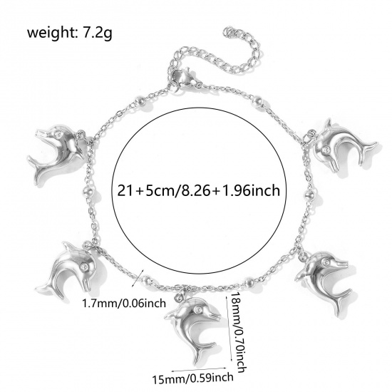 Picture of Wholesale Dolphin Animal 304 Stainless Steel Station Anklet, Silver Tone Women's Ocean Jewelry Stylish Gift Jewelry Supply, 21cm(8.3") + 5cm(2") long, 1 Piece