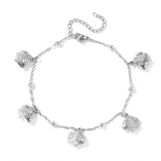 Picture of Wholesale Tropical Fish 304 Stainless Steel Station Anklet, Silver Tone Women's Ocean Jewelry Stylish Gift Jewelry Supply, 21cm(8.3") + 5cm(2") long, 1 Piece