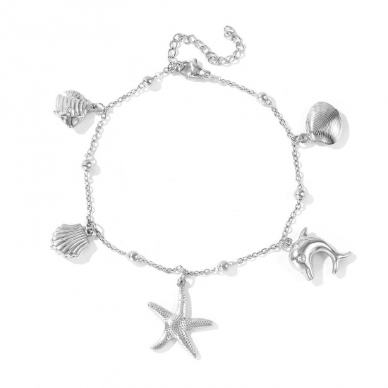 Picture of Wholesale Starfish 304 Stainless Steel Station Anklet, Silver Tone Women's Ocean Jewelry Stylish Gift Jewelry Supply, 21cm(8.3") + 5cm(2") long, 1 Piece