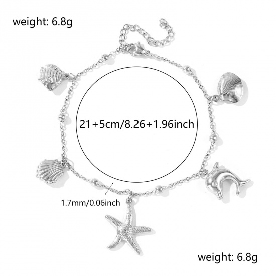 Picture of Wholesale Starfish 304 Stainless Steel Station Anklet, Silver Tone Women's Ocean Jewelry Stylish Gift Jewelry Supply, 21cm(8.3") + 5cm(2") long, 1 Piece