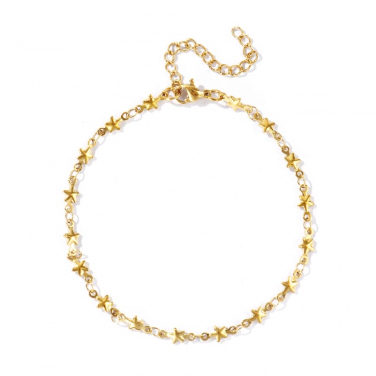 Picture of Wholesale Pentagram Star 304 Stainless Steel Handmade Link Chain Anklet, 18K Real Gold Plated Eco-friendly PVD Anti-Tarnish Hypoallergenic, Women's Stylish Simple & Casual Gift Jewelry Supply, 21cm(8.3") + 5cm(2") long, 1 Piece