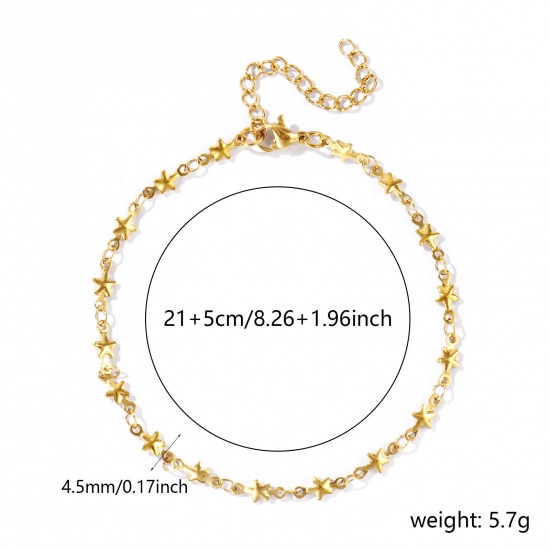 Picture of Wholesale Pentagram Star 304 Stainless Steel Handmade Link Chain Anklet, 18K Real Gold Plated Eco-friendly PVD Anti-Tarnish Hypoallergenic, Women's Stylish Simple & Casual Gift Jewelry Supply, 21cm(8.3") + 5cm(2") long, 1 Piece