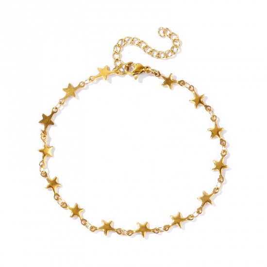Picture of Wholesale Pentagram Star 304 Stainless Steel Handmade Link Chain Anklet, 18K Real Gold Plated Eco-friendly PVD Anti-Tarnish Hypoallergenic, Women's Stylish Simple & Casual Gift Jewelry Supply, 21cm(8.3") + 5cm(2") long, 1 Piece