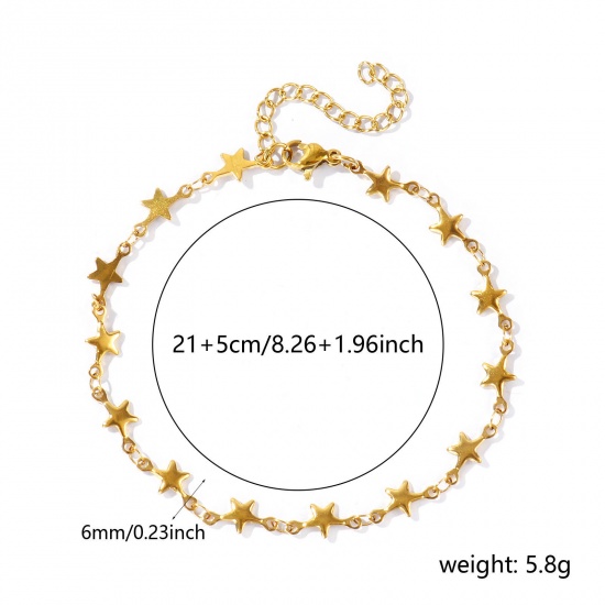 Picture of Wholesale Pentagram Star 304 Stainless Steel Handmade Link Chain Anklet, 18K Real Gold Plated Eco-friendly PVD Anti-Tarnish Hypoallergenic, Women's Stylish Simple & Casual Gift Jewelry Supply, 21cm(8.3") + 5cm(2") long, 1 Piece