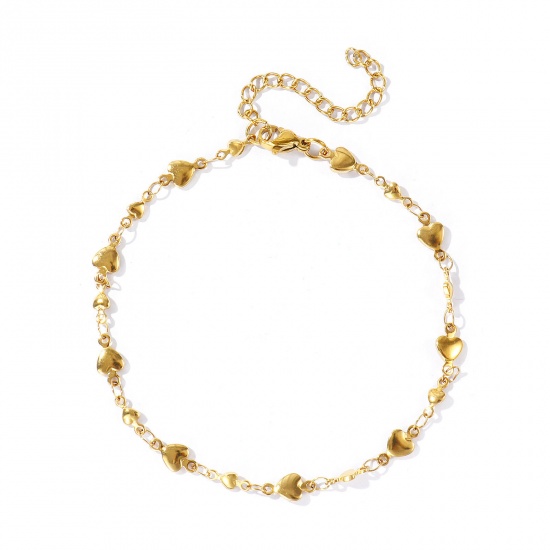 Picture of Wholesale Heart 304 Stainless Steel Handmade Link Chain Anklet, 18K Real Gold Plated Eco-friendly PVD Anti-Tarnish Hypoallergenic, Women's Stylish Simple & Casual Gift Jewelry Supply, 21cm(8.3") + 5cm(2") long, 1 Piece