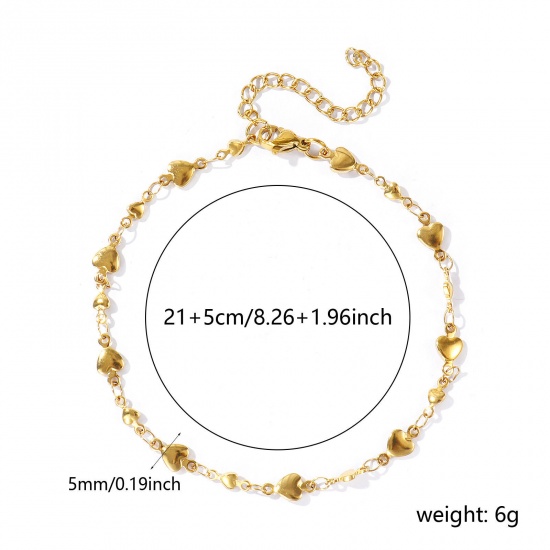 Picture of Wholesale Heart 304 Stainless Steel Handmade Link Chain Anklet, 18K Real Gold Plated Eco-friendly PVD Anti-Tarnish Hypoallergenic, Women's Stylish Simple & Casual Gift Jewelry Supply, 21cm(8.3") + 5cm(2") long, 1 Piece