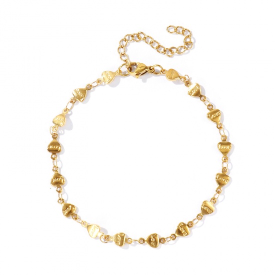 Picture of Wholesale " Love " 304 Stainless Steel Handmade Link Chain Anklet, 18K Real Gold Plated Eco-friendly PVD Anti-Tarnish Hypoallergenic, Women's Stylish Simple & Casual Gift Jewelry Supply, 21cm(8.3") + 5cm(2") long, 1 Piece