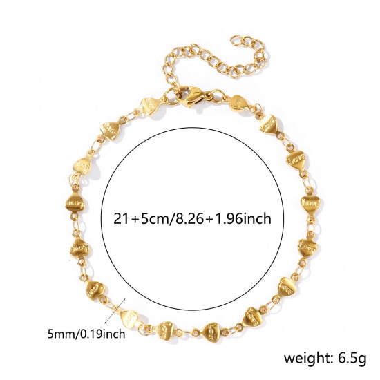 Picture of Wholesale " Love " 304 Stainless Steel Handmade Link Chain Anklet, 18K Real Gold Plated Eco-friendly PVD Anti-Tarnish Hypoallergenic, Women's Stylish Simple & Casual Gift Jewelry Supply, 21cm(8.3") + 5cm(2") long, 1 Piece