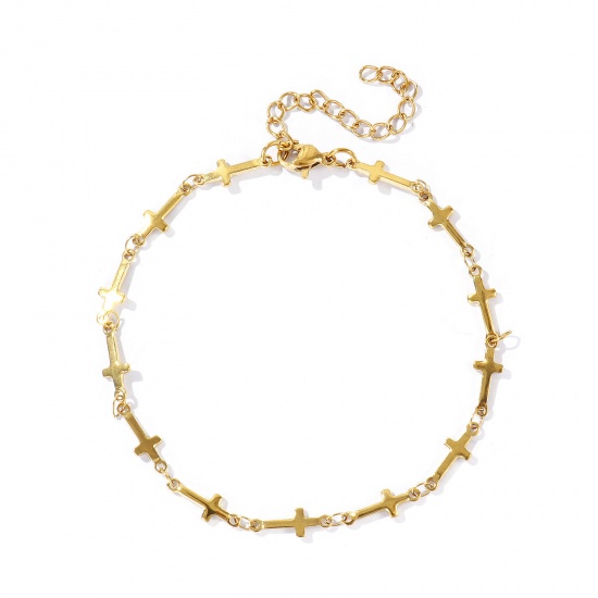 Picture of Wholesale 304 Stainless Steel Handmade Link Chain Anklet, 18K Real Gold Plated Eco-friendly PVD Anti-Tarnish Hypoallergenic, Women's Stylish Simple & Casual Gift Jewelry Supply, 21cm(8.3") + 5cm(2") long, 1 Piece
