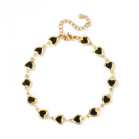 Picture of Wholesale Heart Black Rhinestone 304 Stainless Steel & Glass Handmade Link Chain Anklet, 18K Gold Plated Women's Stylish Simple & Casual Gift Jewelry Supply, 21cm(8.3") + 5cm(2") long, 1 Piece