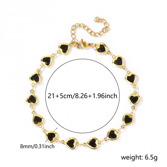Picture of Wholesale Heart Black Rhinestone 304 Stainless Steel & Glass Handmade Link Chain Anklet, 18K Gold Plated Women's Stylish Simple & Casual Gift Jewelry Supply, 21cm(8.3") + 5cm(2") long, 1 Piece