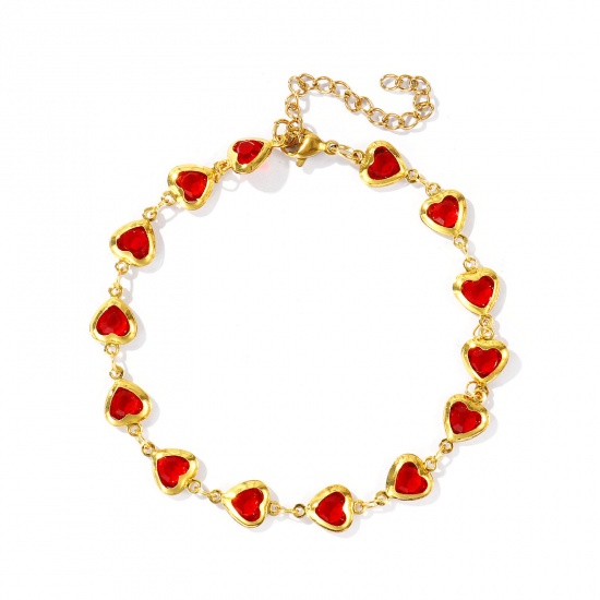 Picture of Wholesale Heart Red Rhinestone 304 Stainless Steel & Glass Handmade Link Chain Anklet, 18K Gold Plated Women's Stylish Simple & Casual Gift Jewelry Supply, 21cm(8.3") + 5cm(2") long, 1 Piece