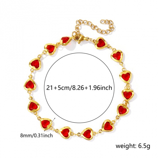Picture of Wholesale Heart Red Rhinestone 304 Stainless Steel & Glass Handmade Link Chain Anklet, 18K Gold Plated Women's Stylish Simple & Casual Gift Jewelry Supply, 21cm(8.3") + 5cm(2") long, 1 Piece