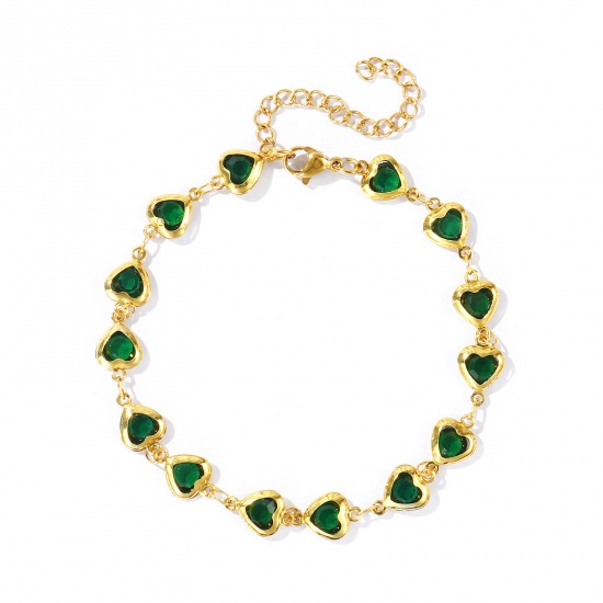Picture of Wholesale Heart Green Rhinestone 304 Stainless Steel & Glass Handmade Link Chain Anklet, 18K Gold Plated Women's Stylish Simple & Casual Gift Jewelry Supply, 21cm(8.3") + 5cm(2") long, 1 Piece