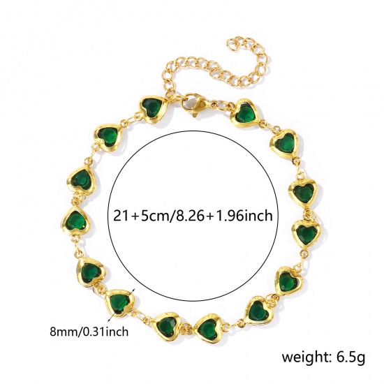 Picture of Wholesale Heart Green Rhinestone 304 Stainless Steel & Glass Handmade Link Chain Anklet, 18K Gold Plated Women's Stylish Simple & Casual Gift Jewelry Supply, 21cm(8.3") + 5cm(2") long, 1 Piece