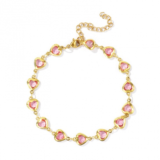 Picture of Wholesale Heart Pink Rhinestone 304 Stainless Steel & Glass Handmade Link Chain Anklet, 18K Gold Plated Women's Stylish Simple & Casual Gift Jewelry Supply, 21cm(8.3") + 5cm(2") long, 1 Piece