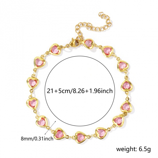Picture of Wholesale Heart Pink Rhinestone 304 Stainless Steel & Glass Handmade Link Chain Anklet, 18K Gold Plated Women's Stylish Simple & Casual Gift Jewelry Supply, 21cm(8.3") + 5cm(2") long, 1 Piece