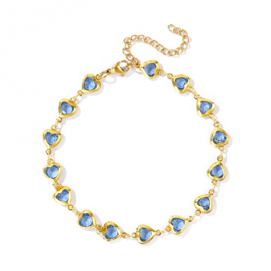 Picture of Wholesale Heart Blue Rhinestone 304 Stainless Steel & Glass Handmade Link Chain Anklet, 18K Gold Plated Women's Stylish Simple & Casual Gift Jewelry Supply, 21cm(8.3") + 5cm(2") long, 1 Piece