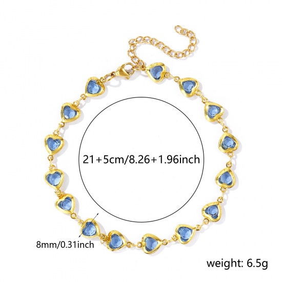Picture of Wholesale Heart Blue Rhinestone 304 Stainless Steel & Glass Handmade Link Chain Anklet, 18K Gold Plated Women's Stylish Simple & Casual Gift Jewelry Supply, 21cm(8.3") + 5cm(2") long, 1 Piece
