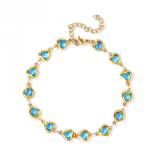 Picture of Wholesale Heart Lake Blue Rhinestone 304 Stainless Steel & Glass Handmade Link Chain Anklet, 18K Gold Plated Women's Stylish Simple & Casual Gift Jewelry Supply, 21cm(8.3") + 5cm(2") long, 1 Piece