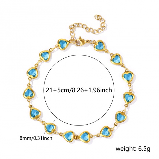 Picture of Wholesale Heart Lake Blue Rhinestone 304 Stainless Steel & Glass Handmade Link Chain Anklet, 18K Gold Plated Women's Stylish Simple & Casual Gift Jewelry Supply, 21cm(8.3") + 5cm(2") long, 1 Piece