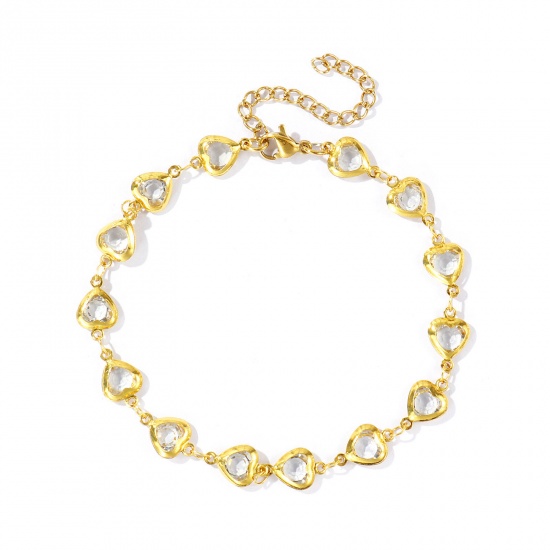 Picture of Wholesale Heart Clear Rhinestone 304 Stainless Steel & Glass Handmade Link Chain Anklet, 18K Gold Plated Women's Stylish Simple & Casual Gift Jewelry Supply, 21cm(8.3") + 5cm(2") long, 1 Piece