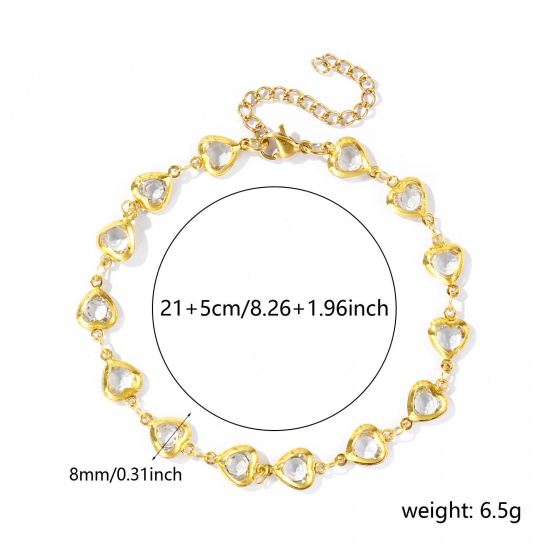 Picture of Wholesale Heart Clear Rhinestone 304 Stainless Steel & Glass Handmade Link Chain Anklet, 18K Gold Plated Women's Stylish Simple & Casual Gift Jewelry Supply, 21cm(8.3") + 5cm(2") long, 1 Piece