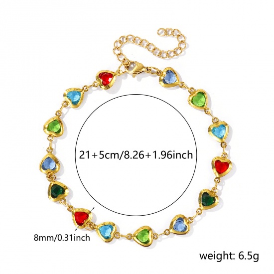 Picture of Wholesale Heart Multicolor Multicolor Rhinestone 304 Stainless Steel & Glass Handmade Link Chain Anklet, 18K Gold Plated Women's Stylish Simple & Casual Gift Jewelry Supply, 21cm(8.3") + 5cm(2") long, 1 Piece