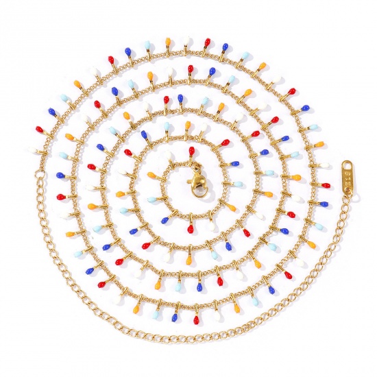 Imagen de Panícula Multicolor Esmalte Collar de Cadena del Vientre de la Cintura del Cuerpo Al Por Mayor, 18K Oro Real Chapado 304 Acero Inoxidable Cadena de Eslabones Hechos a Mano, Mujeres PVD Romántico Pastoral Natural Regalo Joyería Para Minorista, 70cm + 16cm longitud, 1 Unidad