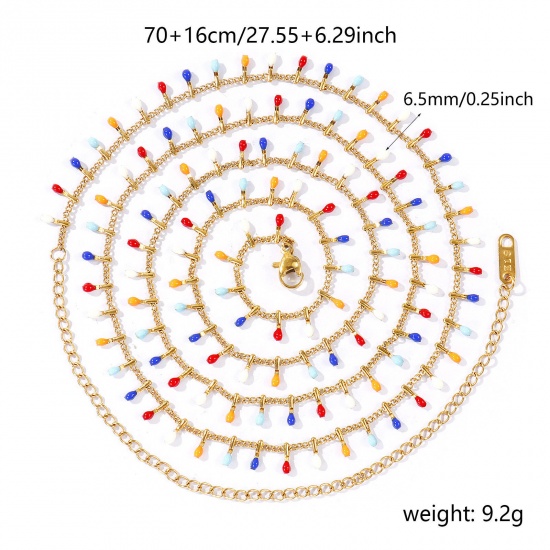 Imagen de Panícula Multicolor Esmalte Collar de Cadena del Vientre de la Cintura del Cuerpo Al Por Mayor, 18K Oro Real Chapado 304 Acero Inoxidable Cadena de Eslabones Hechos a Mano, Mujeres PVD Romántico Pastoral Natural Regalo Joyería Para Minorista, 70cm + 16cm longitud, 1 Unidad
