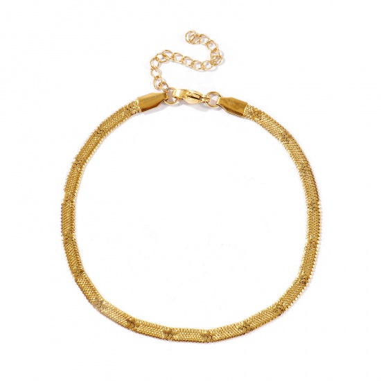Picture of Wholesale Pentagram Star 304 Stainless Steel Flat Snake Chain Anklet, 18K Real Gold Plated Eco-friendly PVD Waterproof Anti-Tarnish Hypoallergenic, Women's Casual Dainty Gift Jewelry Supply, 22cm(8.7") + 5cm(2") long, Chain Size: 4mm, 1 Piece