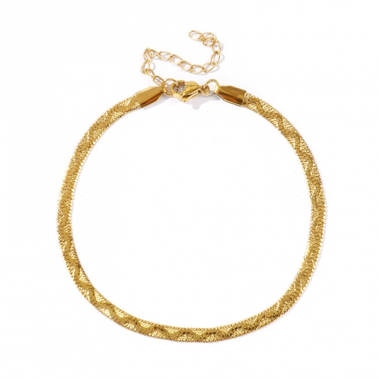Picture of Wholesale Wave 304 Stainless Steel Flat Snake Chain Anklet, 18K Real Gold Plated Eco-friendly PVD Waterproof Anti-Tarnish Hypoallergenic, Women's Casual Dainty Gift Jewelry Supply, 22cm(8.7") + 5cm(2") long, Chain Size: 4mm, 1 Piece