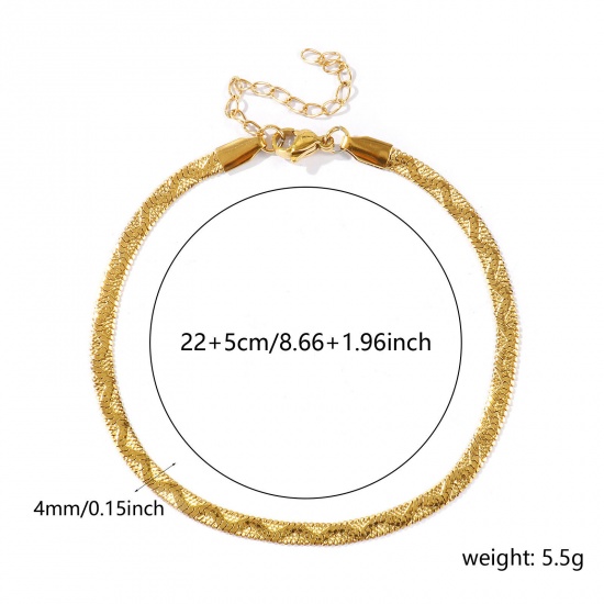 Picture of Wholesale Wave 304 Stainless Steel Flat Snake Chain Anklet, 18K Real Gold Plated Eco-friendly PVD Waterproof Anti-Tarnish Hypoallergenic, Women's Casual Dainty Gift Jewelry Supply, 22cm(8.7") + 5cm(2") long, Chain Size: 4mm, 1 Piece