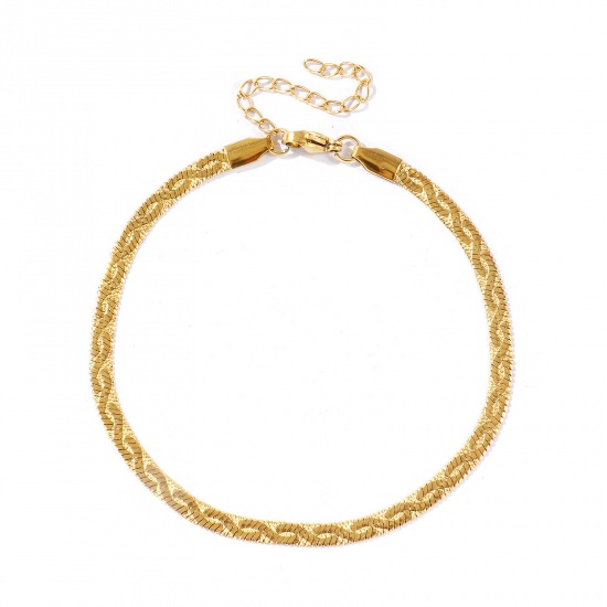 Picture of Wholesale Wave 304 Stainless Steel Flat Snake Chain Anklet, 18K Real Gold Plated Eco-friendly PVD Waterproof Anti-Tarnish Hypoallergenic, Women's Casual Dainty Gift Jewelry Supply, 22cm(8.7") + 5cm(2") long, Chain Size: 4mm, 1 Piece