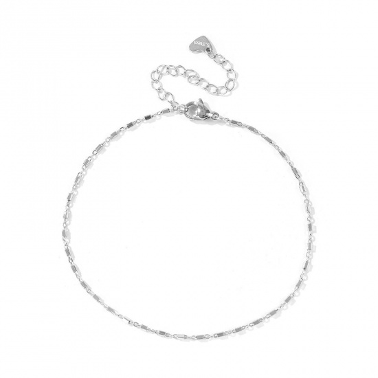 Picture of Wholesale Rectangle Cuboid 304 Stainless Steel Handmade Link Chain Anklet, Silver Tone Eco-friendly, Women's Casual Minimalist Gift Jewelry Supply, 22cm(8.7") + 5cm(2") long, Chain Size: 1.5mm, 1 Piece