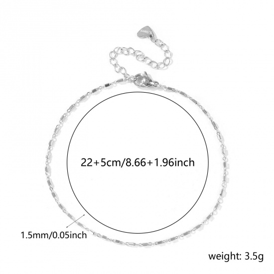 Picture of Wholesale Rectangle Cuboid 304 Stainless Steel Handmade Link Chain Anklet, Silver Tone Eco-friendly, Women's Casual Minimalist Gift Jewelry Supply, 22cm(8.7") + 5cm(2") long, Chain Size: 1.5mm, 1 Piece