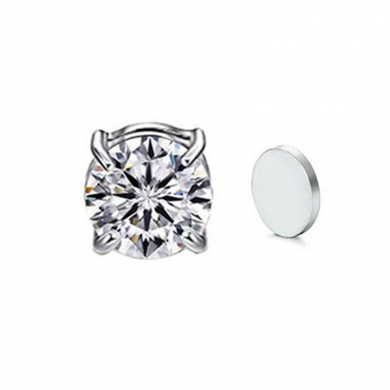 Picture of Wholesale Exquisite Stylish No Piercing Magnetic Stud Earrings, Round Clear Cubic Zirconia Silver Tone 304 Stainless Steel, Women's Eco-friendly Gift Jewelry Supply, 5mm Dia., 2 PCs
