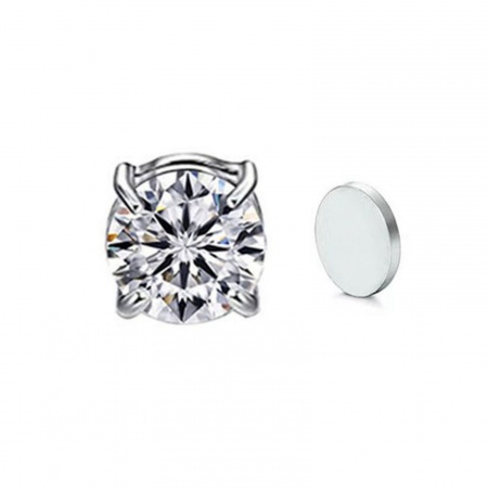 Picture of Wholesale Exquisite Stylish No Piercing Magnetic Stud Earrings, Round Clear Cubic Zirconia Silver Tone 304 Stainless Steel, Women's Eco-friendly Gift Jewelry Supply, 7mm Dia., 2 PCs