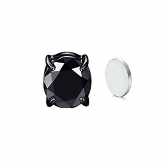 Picture of Wholesale Exquisite Stylish No Piercing Magnetic Stud Earrings, Round Black Cubic Zirconia 304 Stainless Steel, Women's Eco-friendly Gift Jewelry Supply, 7mm Dia., 2 PCs