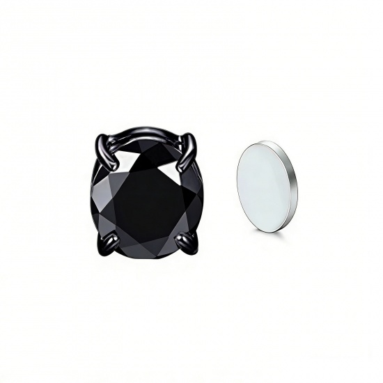 Picture of Wholesale Exquisite Stylish No Piercing Magnetic Stud Earrings, Round Black Cubic Zirconia 304 Stainless Steel, Women's Eco-friendly Gift Jewelry Supply, 6mm Dia., 2 PCs