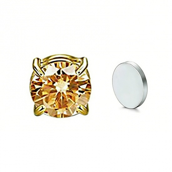 Picture of Wholesale Exquisite Stylish No Piercing Magnetic Stud Earrings, Round Yellow Cubic Zirconia 18K Gold Plated 304 Stainless Steel, Women's Eco-friendly Gift Jewelry Supply, 6mm Dia., 2 PCs
