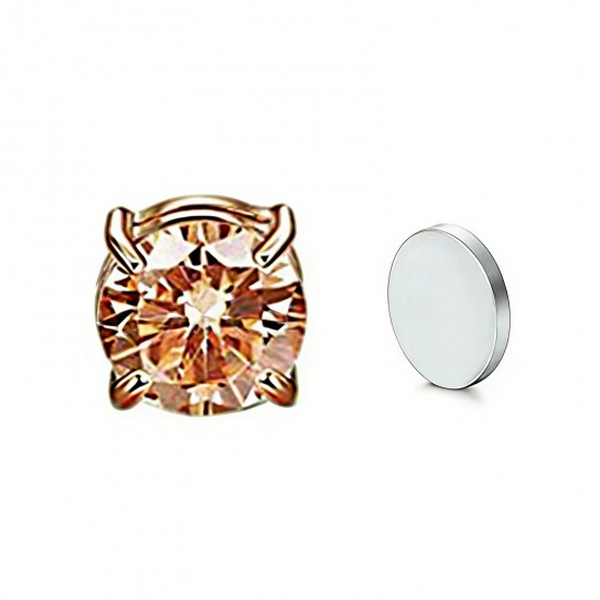 Picture of Wholesale Exquisite Stylish No Piercing Magnetic Stud Earrings, Round Champagne Cubic Zirconia Rose Gold 304 Stainless Steel, Women's Eco-friendly Gift Jewelry Supply, 6mm Dia., 2 PCs