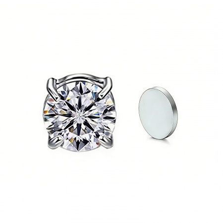 Picture of Wholesale Exquisite Stylish No Piercing Magnetic Stud Earrings, Round Clear Cubic Zirconia Silver Tone 304 Stainless Steel, Women's Eco-friendly Gift Jewelry Supply, 8mm Dia., 2 PCs