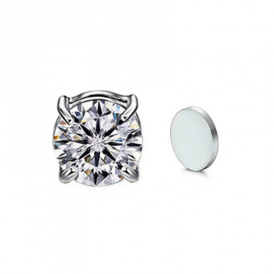 Picture of Wholesale Exquisite Stylish No Piercing Magnetic Stud Earrings, Round Clear Cubic Zirconia Silver Tone 304 Stainless Steel, Women's Eco-friendly Gift Jewelry Supply, 8mm Dia., 2 PCs