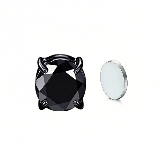 Picture of Wholesale Exquisite Stylish No Piercing Magnetic Stud Earrings, Round Black Cubic Zirconia 304 Stainless Steel, Women's Eco-friendly Gift Jewelry Supply, 8mm Dia., 2 PCs