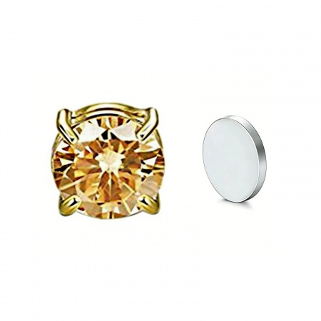Picture of Wholesale Exquisite Stylish No Piercing Magnetic Stud Earrings, Round Yellow Cubic Zirconia 18K Gold Plated 304 Stainless Steel, Women's Eco-friendly Gift Jewelry Supply, 8mm Dia., 2 PCs