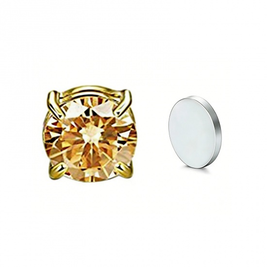 Picture of Wholesale Exquisite Stylish No Piercing Magnetic Stud Earrings, Round Yellow Cubic Zirconia 18K Gold Plated 304 Stainless Steel, Women's Eco-friendly Gift Jewelry Supply, 8mm Dia., 2 PCs